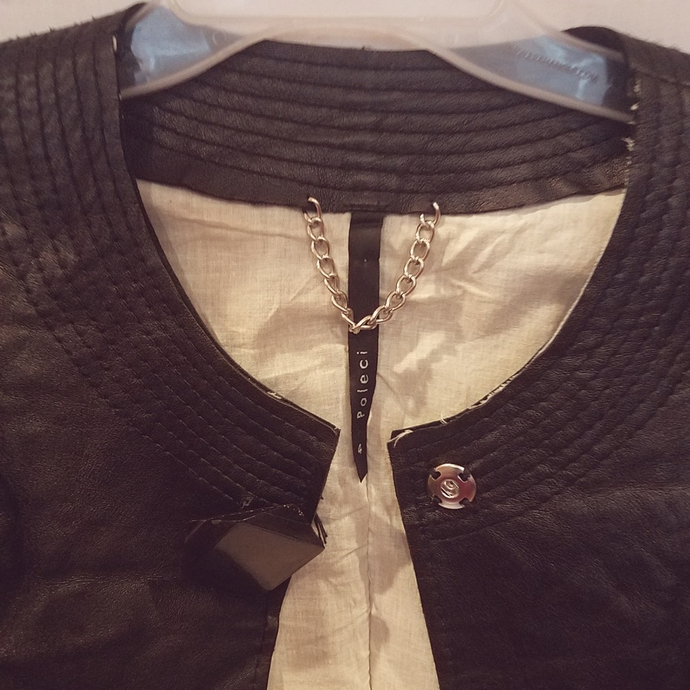 Poleci Leather Cropped 3/4 Sleeve Motorcycle Style Distress Jacket Size 4 Black - Picture 5 of 7